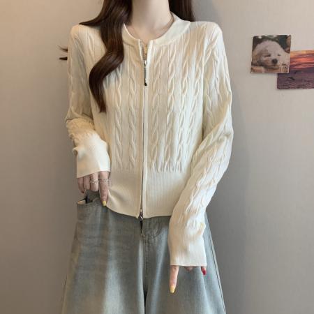 FA50709# 大码秋冬新款紫色针织衫外套女洋气胖mm双拉链短款毛衣开衫