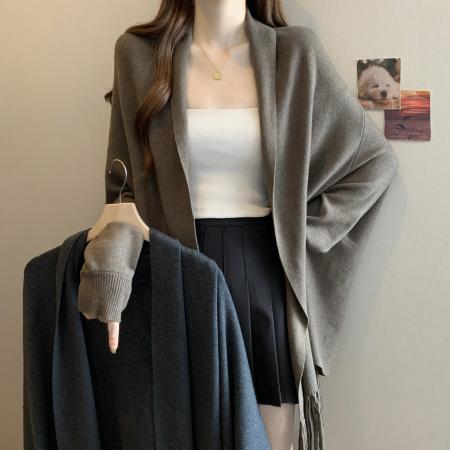 FA50711# 冬季新款重工流苏编制毛衣女宽松休闲慵懒风长袖披肩外套