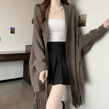 FA50711# 冬季新款重工流苏编制毛衣女宽松休闲慵懒风长袖披肩外套