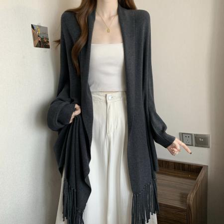 FA50711# 冬季新款重工流苏编制毛衣女宽松休闲慵懒风长袖披肩外套