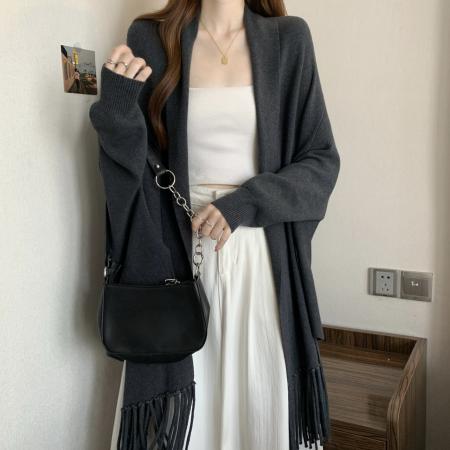 FA50711# 冬季新款重工流苏编制毛衣女宽松休闲慵懒风长袖披肩外套