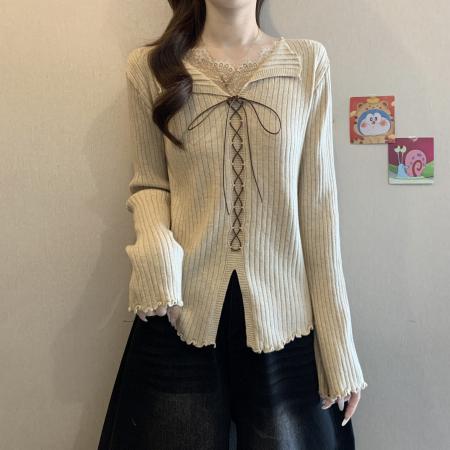 FA50726# 蕾丝拼接假两件绑带v领针织衫女冬季大码长袖毛衣设计感红色上衣