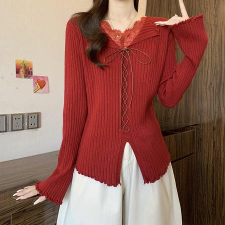 FA50726# 蕾丝拼接假两件绑带v领针织衫女冬季大码长袖毛衣设计感红色上衣