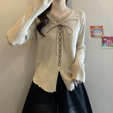 FA50726# 蕾丝拼接假两件绑带v领针织衫女冬季大码长袖毛衣设计感红色上衣