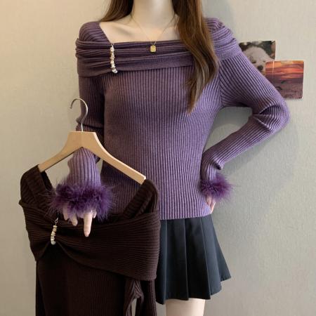 FA50727# 大码方领长袖针织衫女秋冬韩版胖MM遮肉显瘦气质百搭减龄上衣