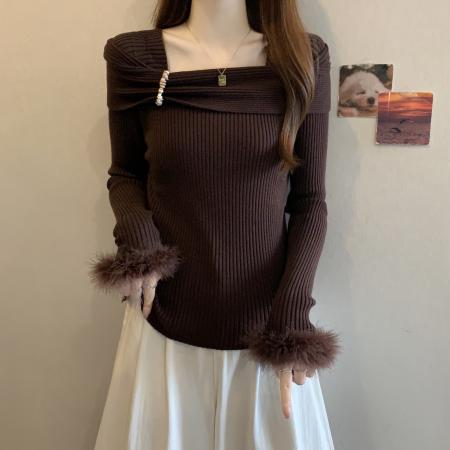 FA50727# 大码方领长袖针织衫女秋冬韩版胖MM遮肉显瘦气质百搭减龄上衣