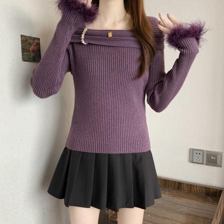 FA50727# 大码方领长袖针织衫女秋冬韩版胖MM遮肉显瘦气质百搭减龄上衣