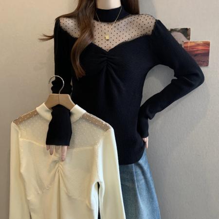 FA50728# 秋冬胖mm新款法式网纱拼接针织衫女纯欲风温柔修身褶皱毛衣