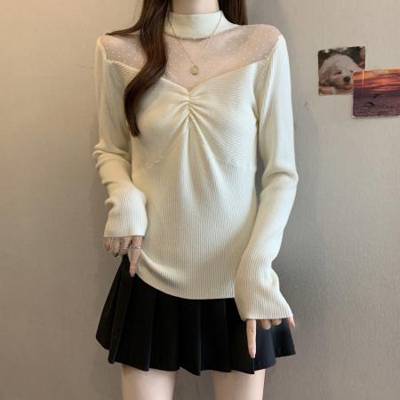 FA50728# 秋冬胖mm新款法式网纱拼接针织衫女纯欲风温柔修身褶皱毛衣