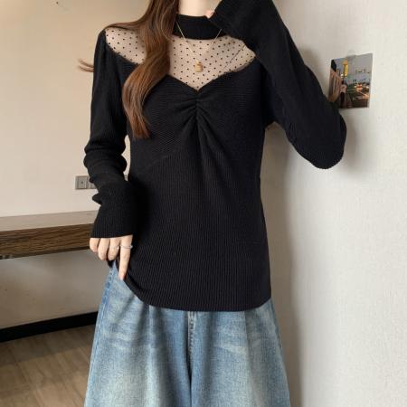 FA50728# 秋冬胖mm新款法式网纱拼接针织衫女纯欲风温柔修身褶皱毛衣