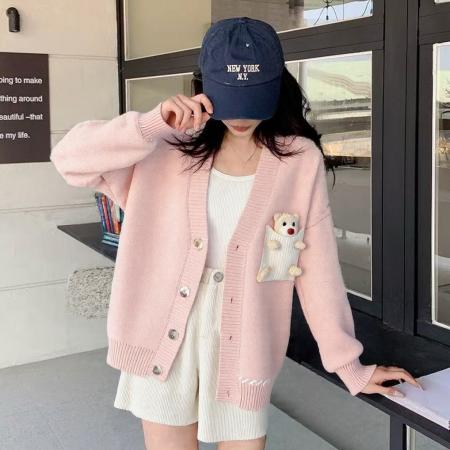 FA50729# 百搭宽松针织开衫女外套秋冬季新款小熊胖MM大码毛衣