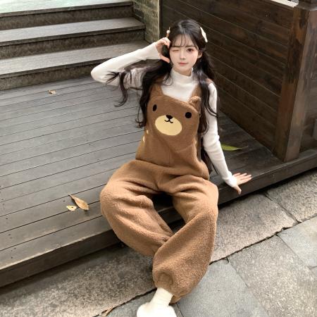 FA50731# 时尚大码甜妹秋冬新款软萌可爱羊羔加绒加厚小熊背带裤套装女