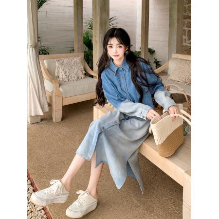 FA50732# 时尚大码女装春秋款中长款气质高档宽松显瘦渐变牛仔连衣裙女