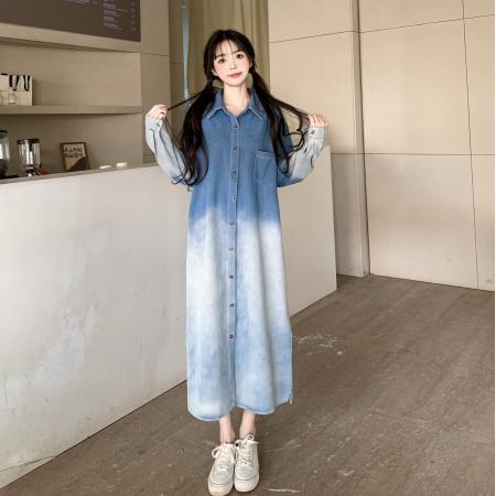 FA50732# 时尚大码女装春秋款中长款气质高档宽松显瘦渐变牛仔连衣裙女