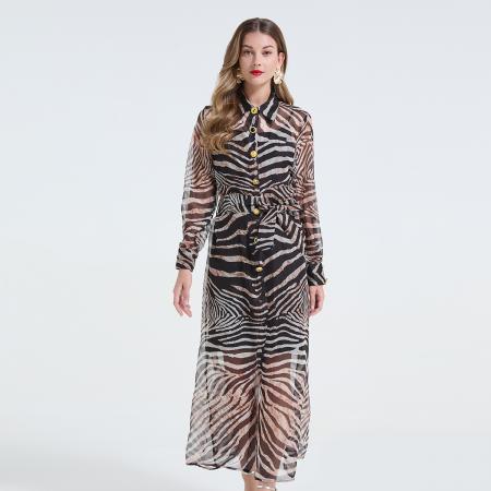FA50733# 欧美名媛精致花纹金属扣系带收腰豹纹连衣裙天丝衬衫长袖裙