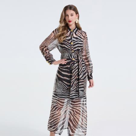 FA50733# 欧美名媛精致花纹金属扣系带收腰豹纹连衣裙天丝衬衫长袖裙