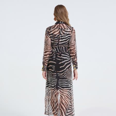 FA50733# 欧美名媛精致花纹金属扣系带收腰豹纹连衣裙天丝衬衫长袖裙