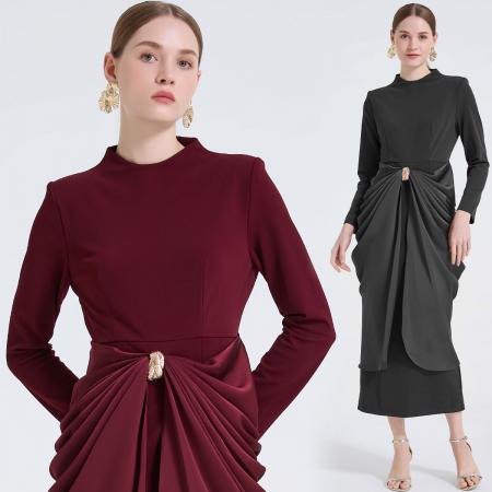 FA50734# 高级设计感腰部褶皱高腰修身连衣裙金属扣装饰优雅长裙