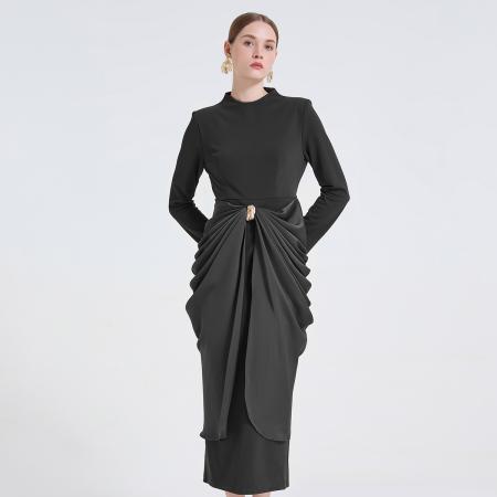 FA50734# 高级设计感腰部褶皱高腰修身连衣裙金属扣装饰优雅长裙