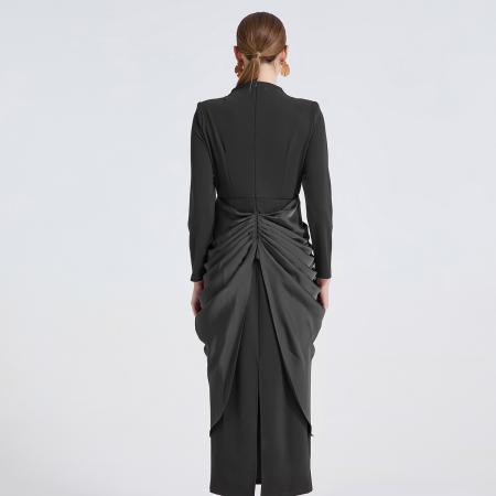 FA50734# 高级设计感腰部褶皱高腰修身连衣裙金属扣装饰优雅长裙