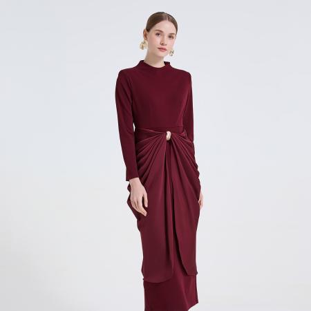 FA50734# 高级设计感腰部褶皱高腰修身连衣裙金属扣装饰优雅长裙