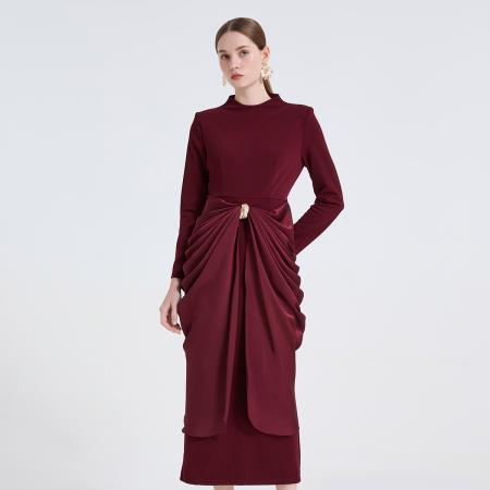 FA50734# 高级设计感腰部褶皱高腰修身连衣裙金属扣装饰优雅长裙