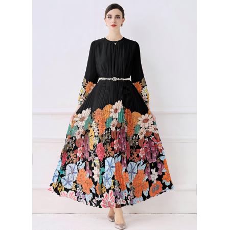 FA50739# 欧美时尚褶皱长款大摆印花连衣裙