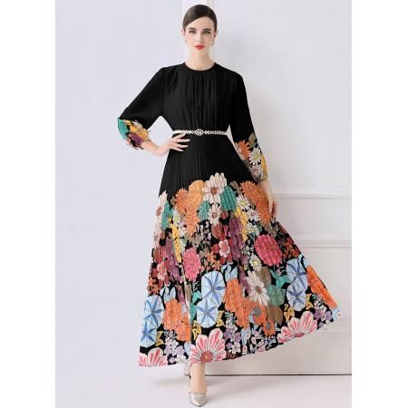 FA50739# 欧美时尚褶皱长款大摆印花连衣裙