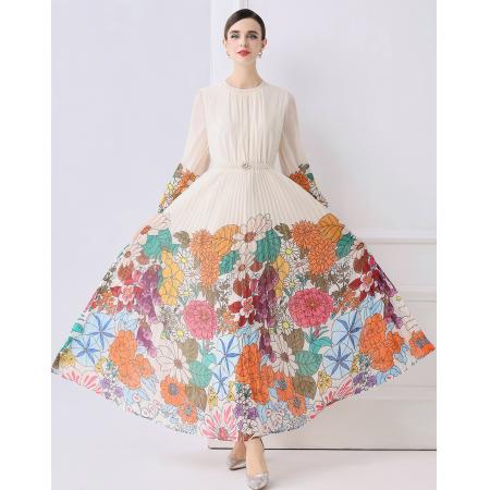 FA50739# 欧美时尚褶皱长款大摆印花连衣裙