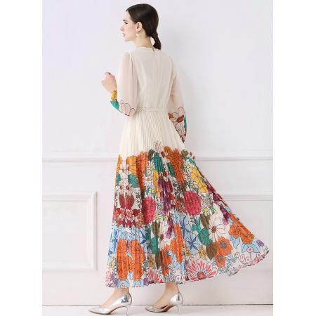 FA50739# 欧美时尚褶皱长款大摆印花连衣裙