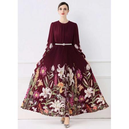 FA50740# 欧美时尚褶皱长款大摆印花连衣裙