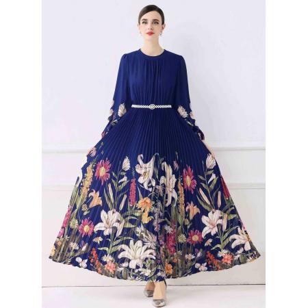 FA50740# 欧美时尚褶皱长款大摆印花连衣裙