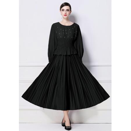 FA50741# 工厂直营三宅皱褶重工钉珠假二件套连衣裙