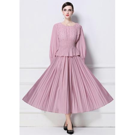 FA50741# 工厂直营三宅皱褶重工钉珠假二件套连衣裙