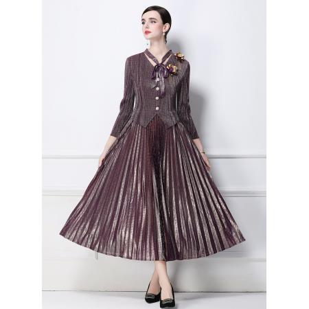 FA50742# 工厂直营三宅皱褶喷金工艺连衣裙