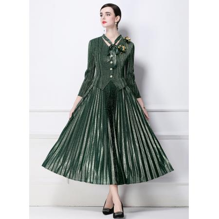 FA50742# 工厂直营三宅皱褶喷金工艺连衣裙