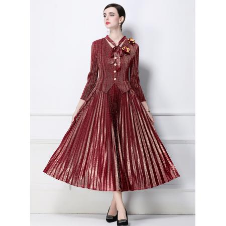 FA50742# 工厂直营三宅皱褶喷金工艺连衣裙