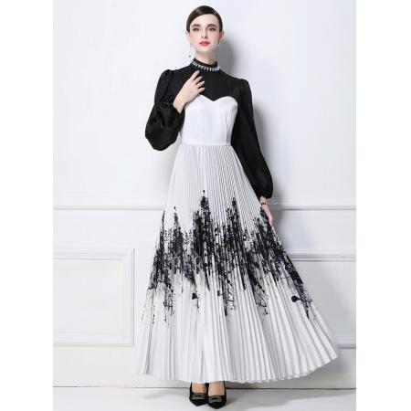 FA50744# 工厂直营新国风泼墨印花拼接连衣裙