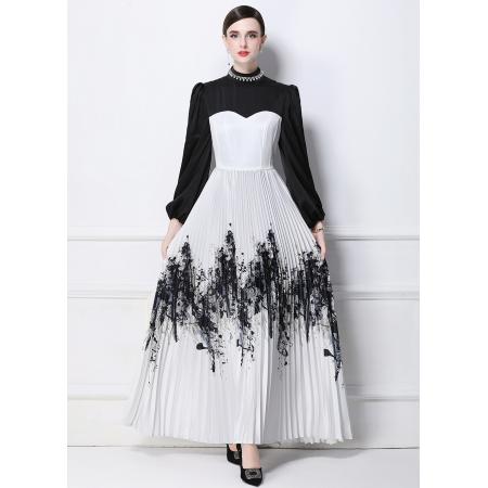 FA50744# 工厂直营新国风泼墨印花拼接连衣裙