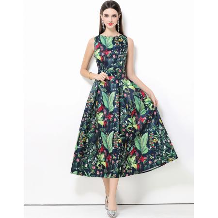 FA50746# 无袖高腰连衣裙立体剪裁收腰A字裙