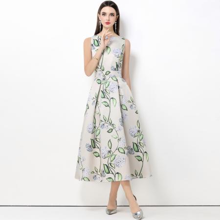 FA50747# 无袖高腰连衣裙立体剪裁收腰A字裙