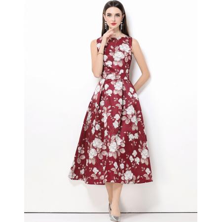 FA50748# 无袖高腰连衣裙立体剪裁收腰A字裙