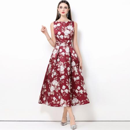 FA50748# 无袖高腰连衣裙立体剪裁收腰A字裙