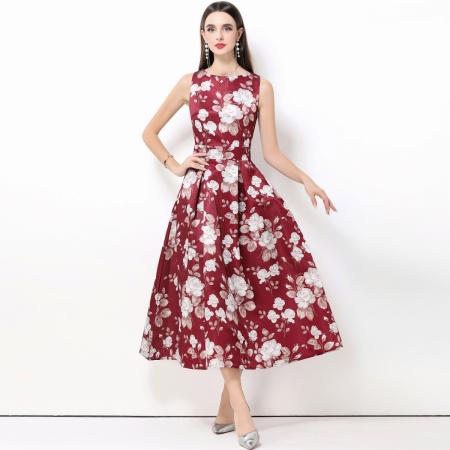 FA50748# 无袖高腰连衣裙立体剪裁收腰A字裙