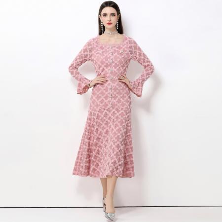 FA50749# 法式轻奢小香风蕾丝重工立体花朵喇叭袖大摆连衣裙女