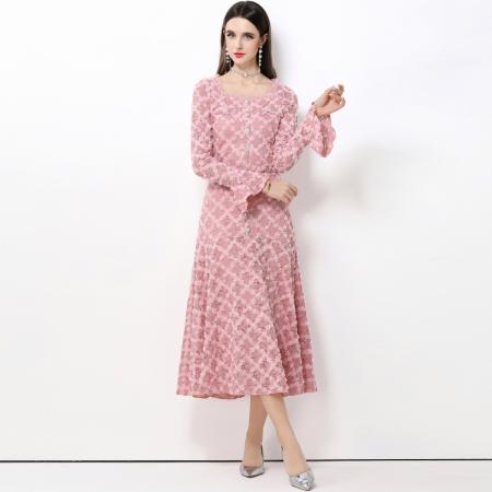 FA50749# 法式轻奢小香风蕾丝重工立体花朵喇叭袖大摆连衣裙女