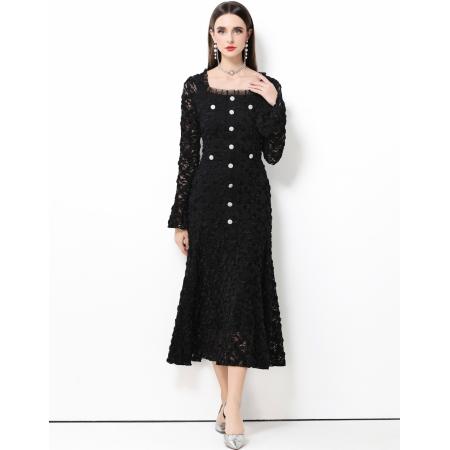 FA50750# 法式轻奢小香风蕾丝重工立体花朵喇叭袖大摆连衣裙女