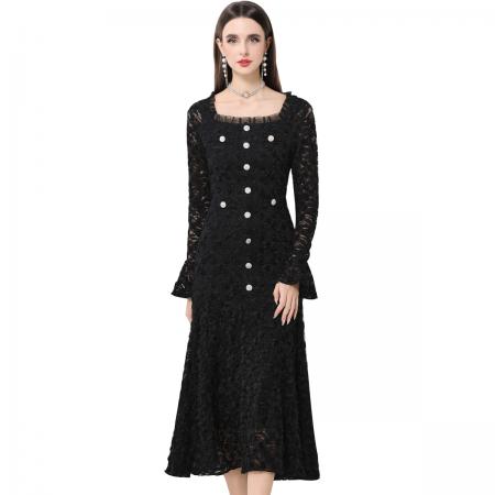 FA50750# 法式轻奢小香风蕾丝重工立体花朵喇叭袖大摆连衣裙女