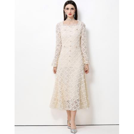 FA50751# 法式轻奢小香风蕾丝重工立体花朵喇叭袖大摆连衣裙女