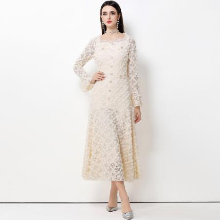 FA50751# 法式轻奢小香风蕾丝重工立体花朵喇叭袖大摆连衣裙女